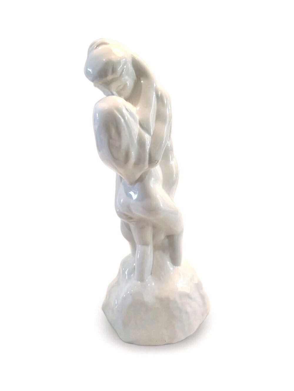 Vintage Naked Lovers Statue Sculpture. Nude Couple Kissing. White Ceramic Glazed